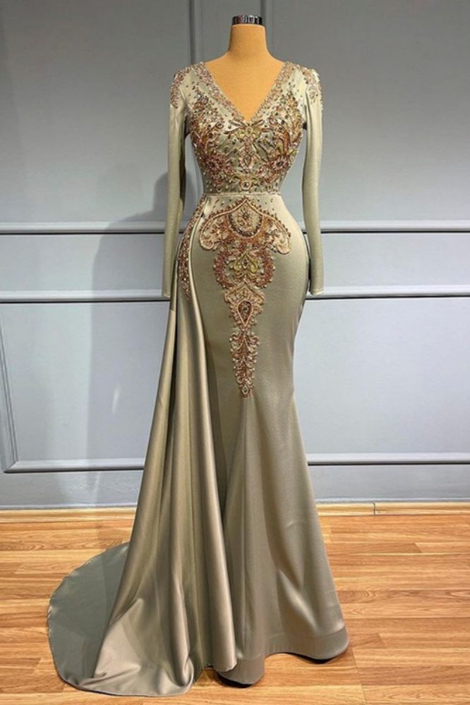 Glamorous Long Sleeves Mermaid Evening Dress V-Neck Gold Crystals Long Party Dress with Sweep Train