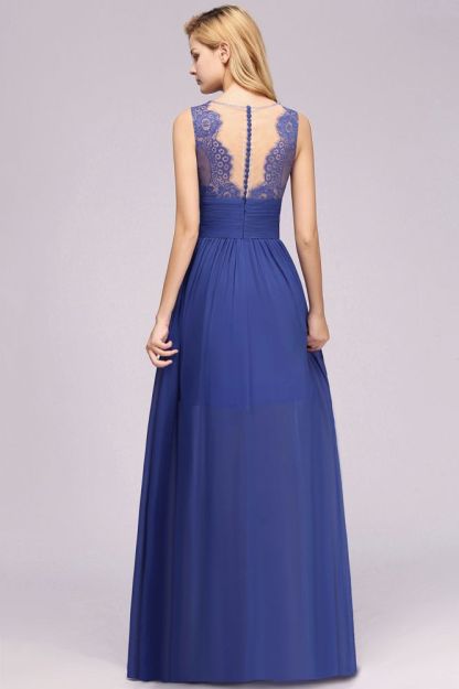 Chiffon Lace Jewel Sleeveless Long Train Ruffles Short Bridesmaid Dress