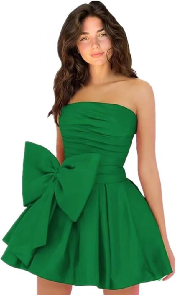 Chic Ruched Satin Short Homecoming Dresses Strapless Knee Length Party Dress with Bow