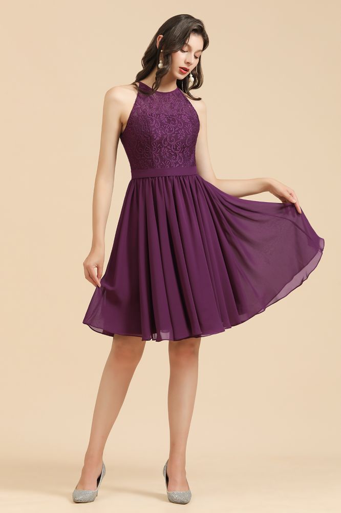Halter Purple Lace Short Wedding Party Dress Sleeveless Chiffon Maid of Honor Dress