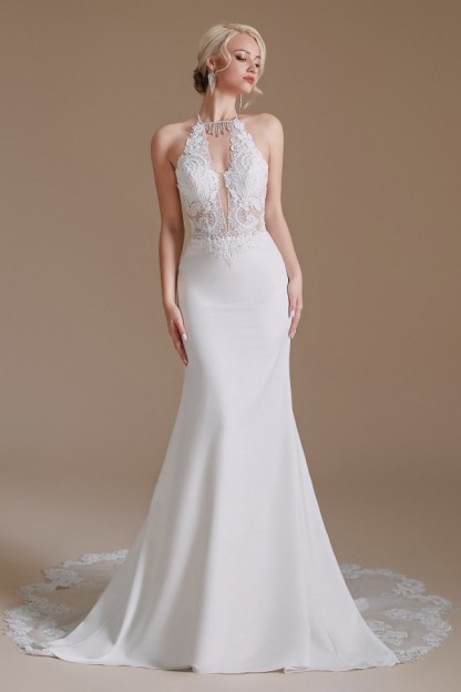 Elegant Deep V-Neck Floral Lace Mermaid Wedding Dress Sleeveles halter White Satin Bride Dress