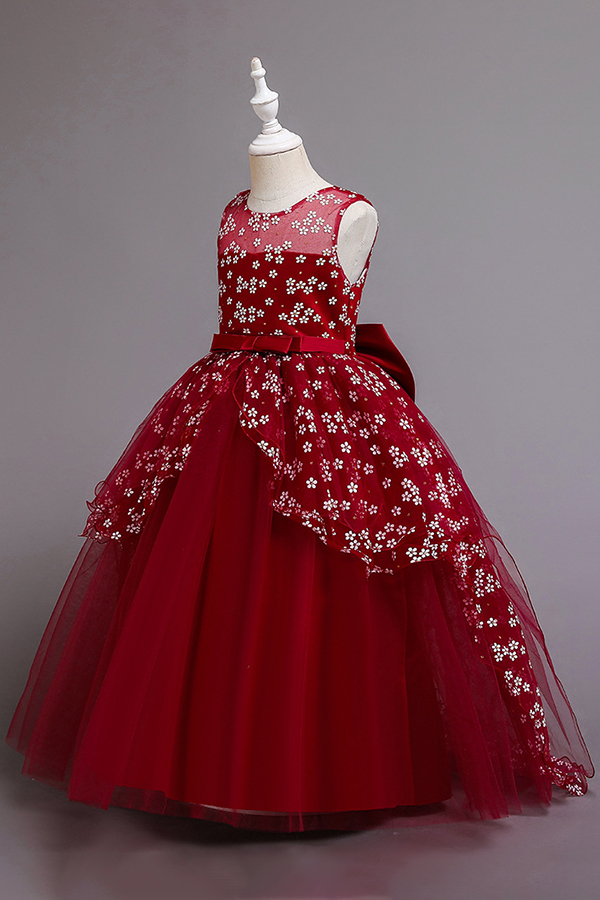 Illusion neck burgundy a-line ankle length flower girl dress