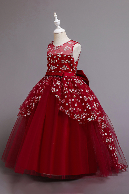 Illusion neck burgundy a-line ankle length flower girl dress