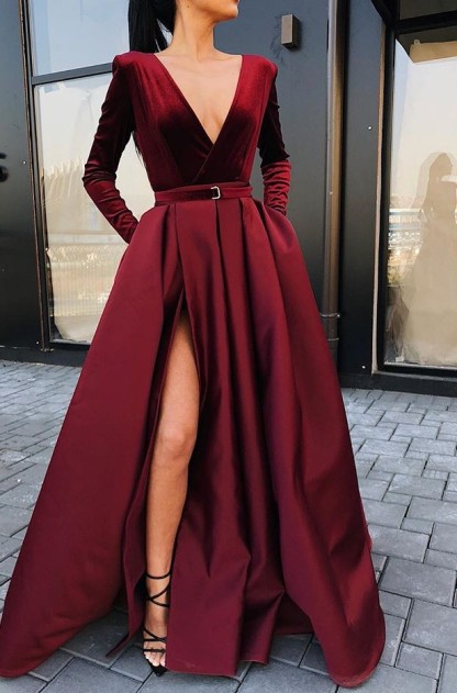 Popular Deep V Neck Long Sleeves Floor-Length Evening Dress | 2021 Burgundy Front Split Prom Gown BC0785-Babyonlinewholesale