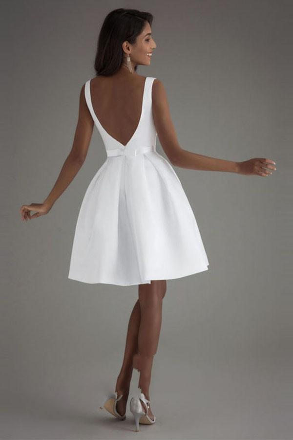 Chic Sleeveless Satin Knee Length Wedding Dress Backless Short Bridal Dress