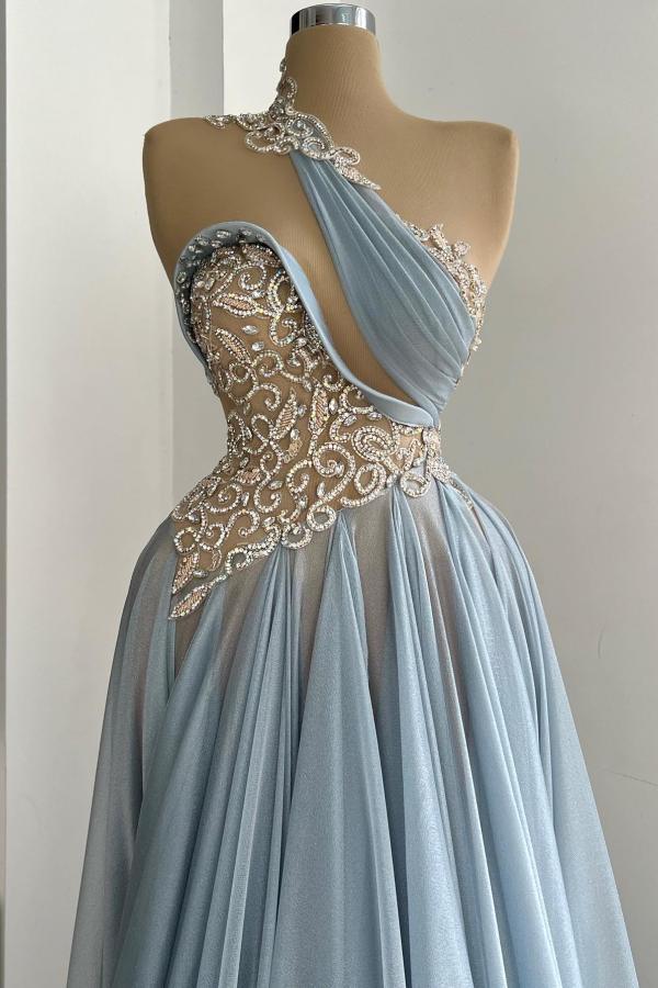One shoulder Dusty Blue Empire Floor length Evening Dresses