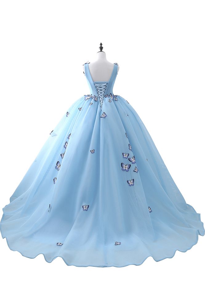 BREANNA | Princess V Neck Chapel Train Chiffon Sky Blue Prom Dresses With Butterfly Applique