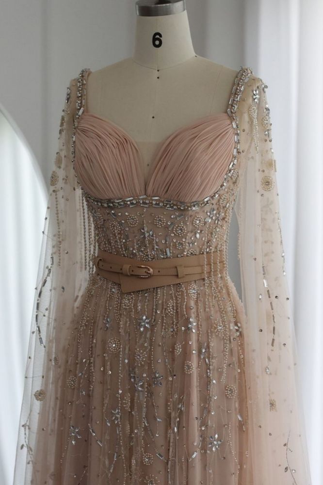 Charming Sweetheart Tulle Beading Long Evening Dress Cape Sleeves Formal Dress with belt