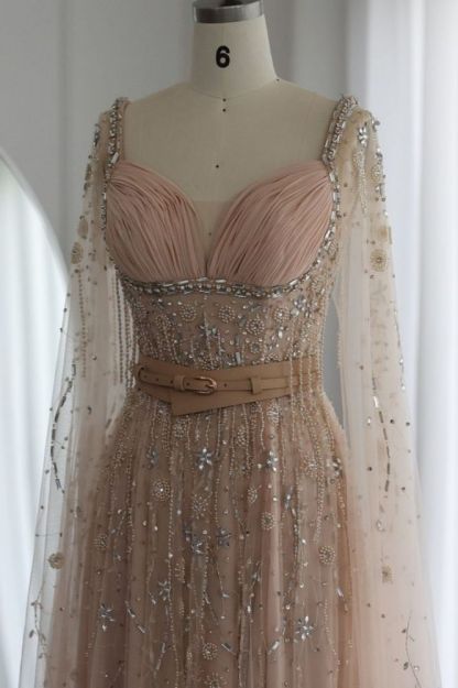 Charming Sweetheart Tulle Beading Long Evening Dress Cape Sleeves Formal Dress with belt