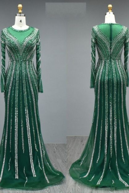 Long sleeves Illusion neck beaded sequin Evening Dress