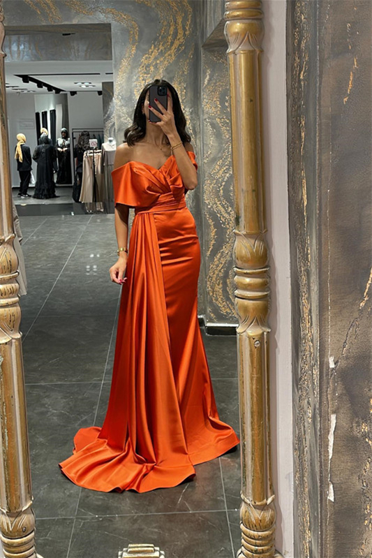 Orange Shiny Satin Floor Length Prom Dresses