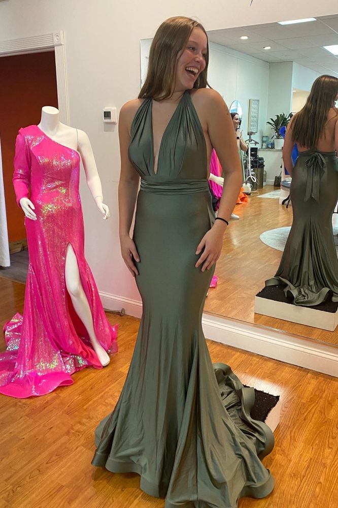 Wide Straps Deep V-neck Open Back Floor-length Ruffles Mermaid Prom Dress