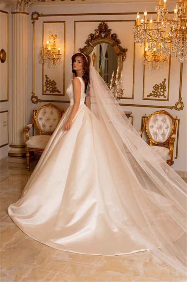 Charming A-Line Sleeveless V-neck Satin Wedding Dress with Train