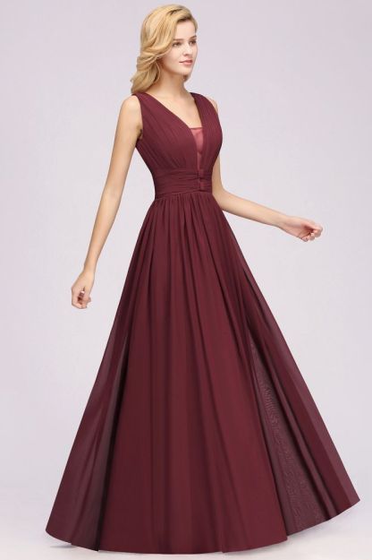 A-Line Chiffon V-Neck Sleeveless Long Bridesmaid Dress with Ruffles