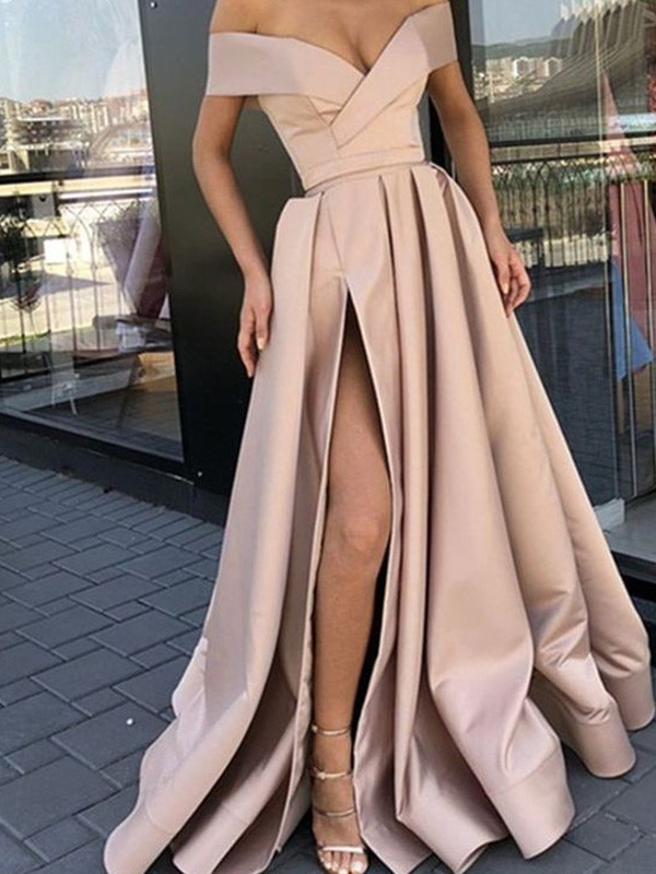 Off the shoulder v-neck yellow high split long prom dress