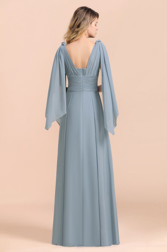 Grey Blue V-Neck Sleeveless Aline Wedding Guest Dress Simple Bridesmaid Dress Floor Length