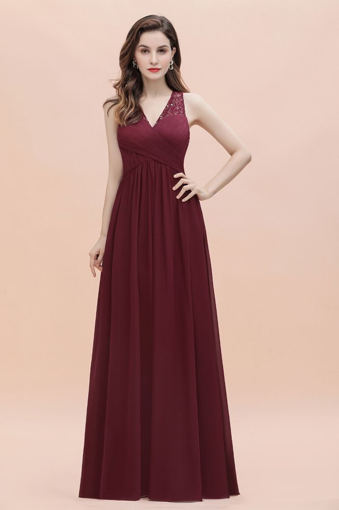 V-Neck A-line Chiffon Evening Maxi Dress Sleeveless Bridesmaid Wedding Guest Dress