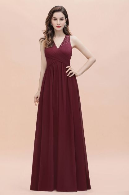 V-Neck A-line Chiffon Evening Maxi Dress Sleeveless Bridesmaid Wedding Guest Dress