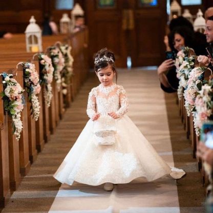 Long Sleeves Princess Long Lace Flower Girl Dresses