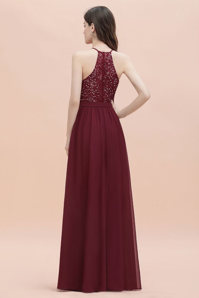 Burgundy Sleeveless V-neck Beaded Back Chiffon Bridesmaid Dress