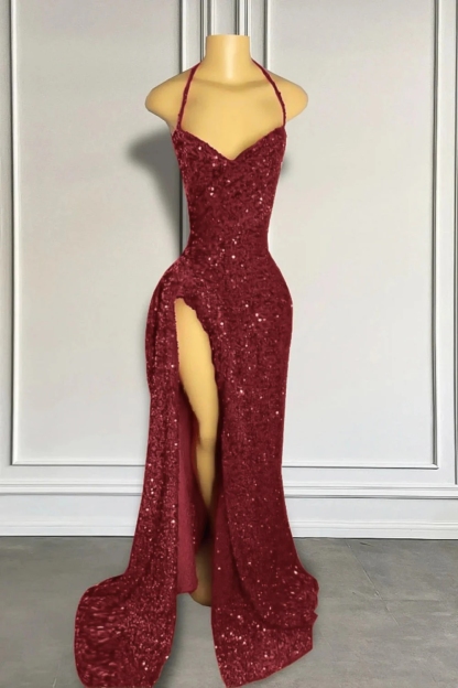 Burgundy High Split Halter Court Train Prom Dresses
