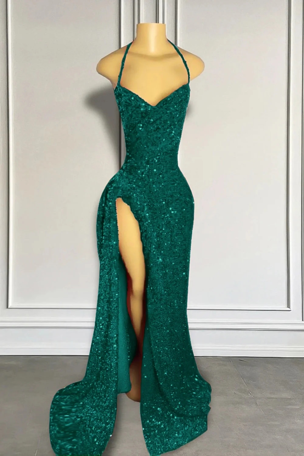 Burgundy High Split Halter Court Train Prom Dresses