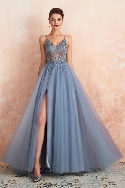 Charlotte | New Arrival Dusty Blue, Pink Spaghetti Strap Prom Dress with Sexy High Split, Evening Gowns Online-Babyonlinewholesale