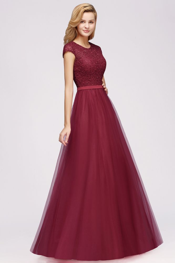 Elegant Lace Top Cap Sleeves Long Tulle Bridesmaid Dresses