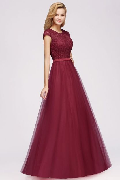 Elegant Lace Top Cap Sleeves Long Tulle Bridesmaid Dresses