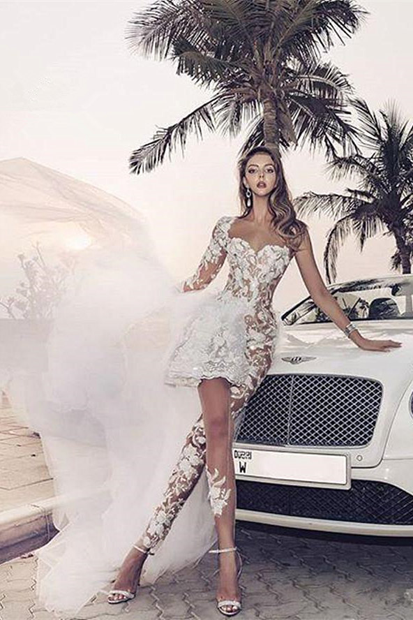 Elegant Lace Jumpsuit Asymmetirc See-through Overskirt White Wedding Dress