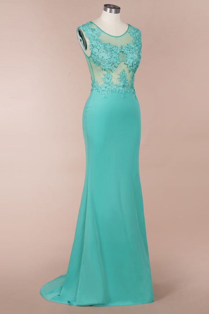 Arrick | Mint Green round neck Cap sleeve Lace appliques Prom Dress
