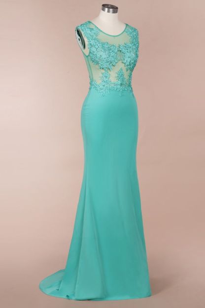 Arrick | Mint Green round neck Cap sleeve Lace appliques Prom Dress