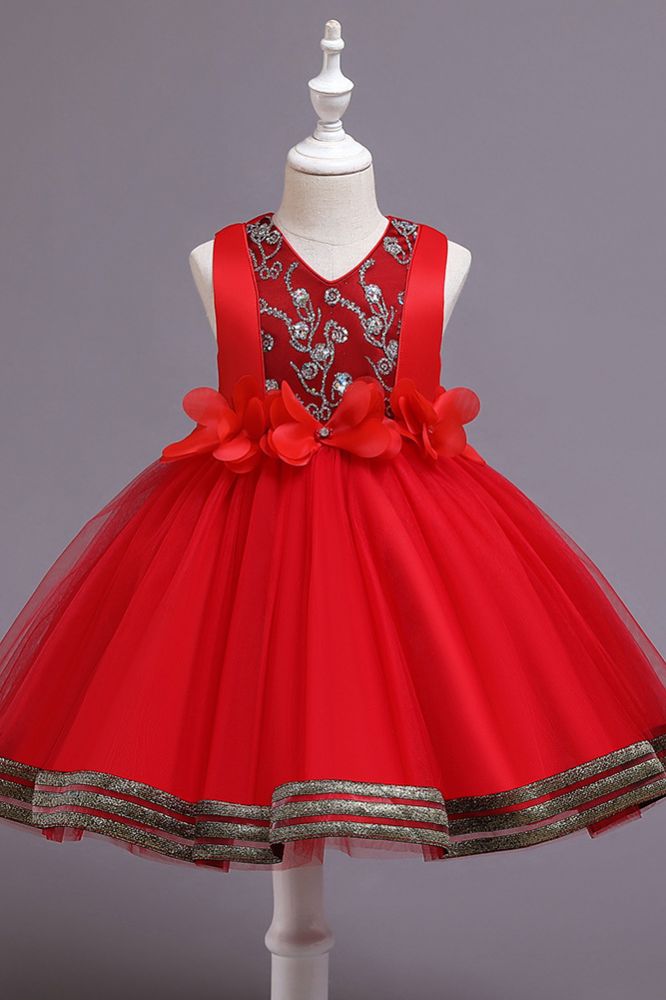 Red sleeveless ready to shop puffy a-line flower gril dress