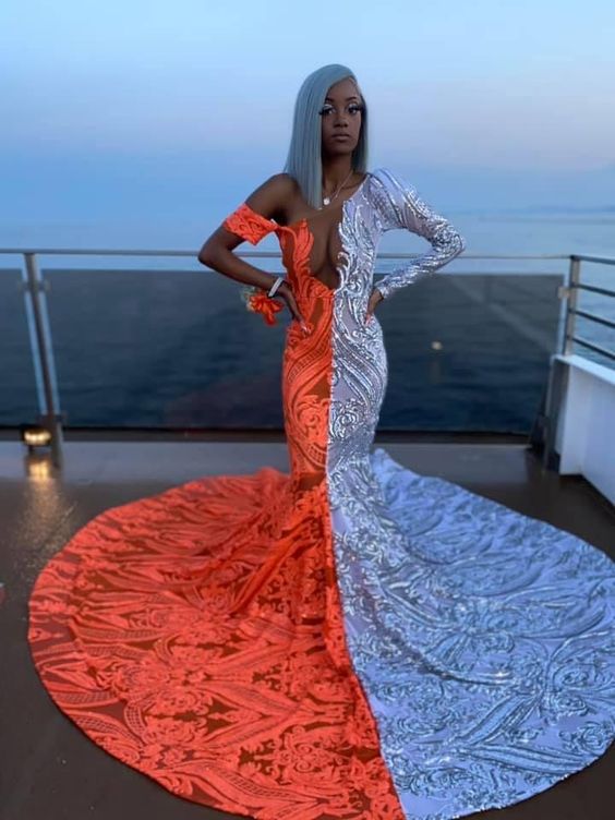Half half sequin mermaid off the shoulder prom dress with court train