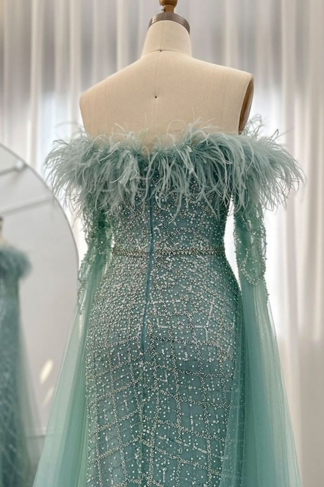 Glamorous Glitter Beading Mermaid Evening Gowns Fur Tulle Long Party Dress with Cape Sleeves
