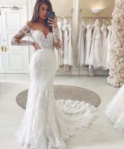 Charming Lace Appliques Mermaid Wedding Gown Long Sleeve Sweetheart Bridal Dress