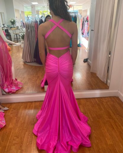 Halter Satin Mermaid Ruffles Long Prom Dress