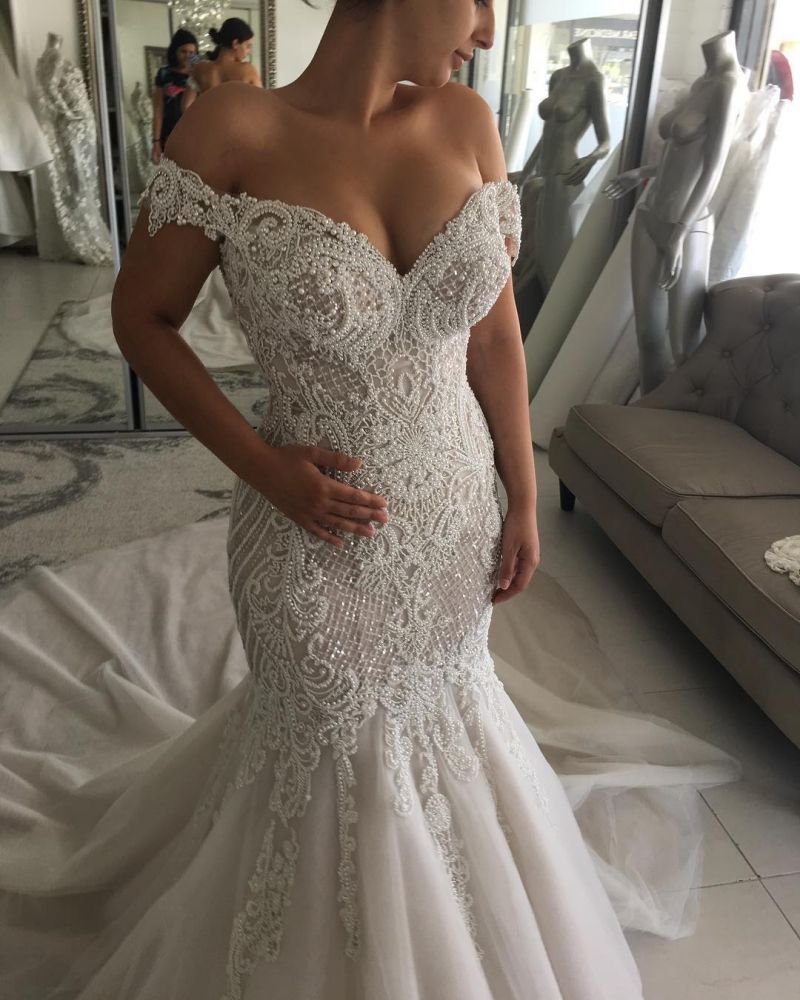 Elegant Off-the-shoulder Sweetheart Pearl Mermaid Chapel Train Wedding Dress