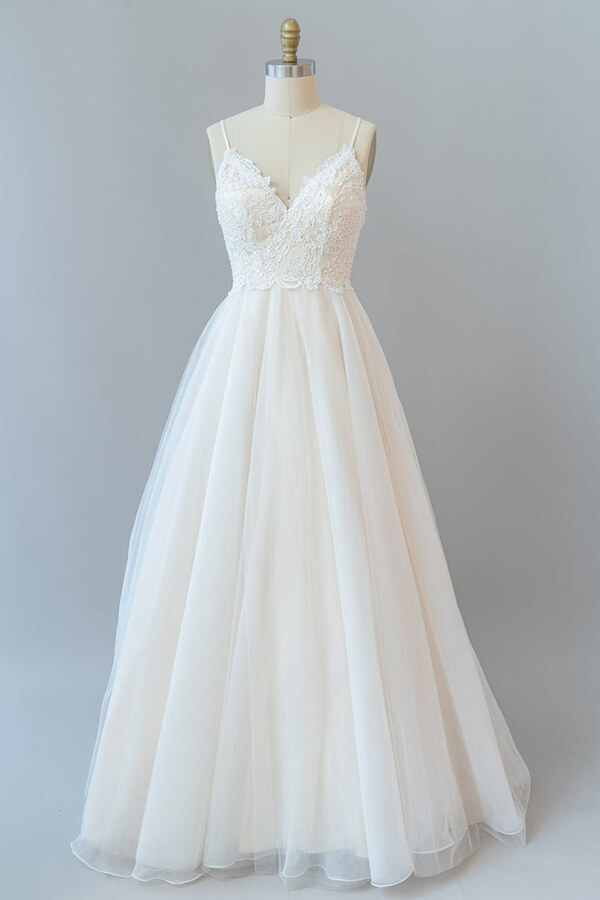 V-neck White A-line Satin Garden Bridal Gowns