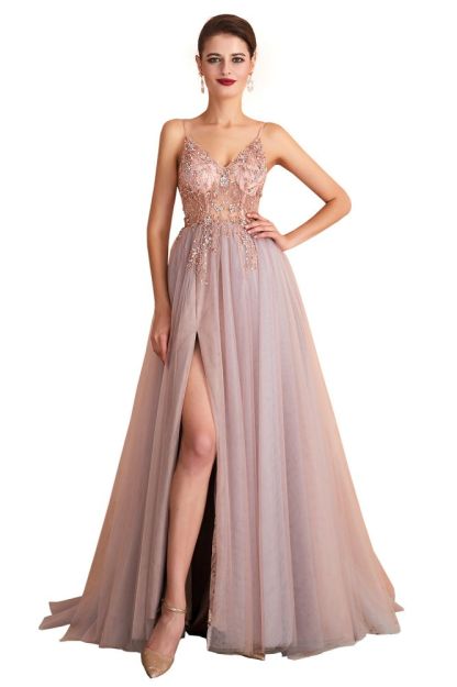 Charlotte | New Arrival Dusty Blue, Pink Spaghetti Strap Prom Dress with Sexy High Split, Evening Gowns Online-Babyonlinewholesale