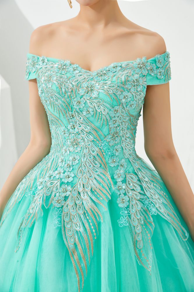 Henry | Elegant Off-the-shoulder Princess Red/Mint Prom Dress with Wing Emboirdery