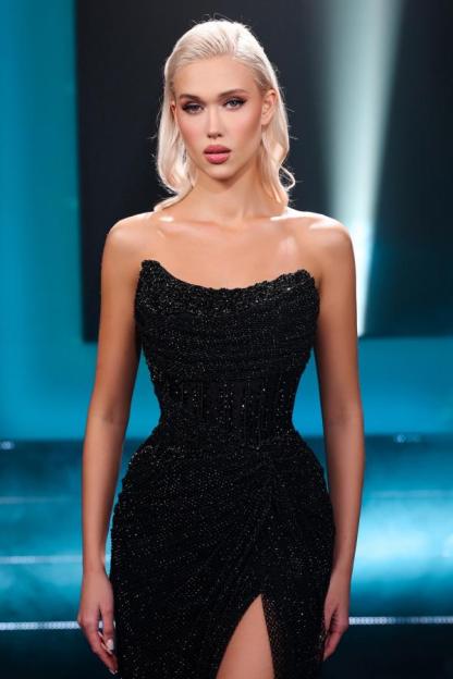 Sexy Black Sequins Glitter Beadings Evening Dress Strapless Front Slit Party Wear Dress