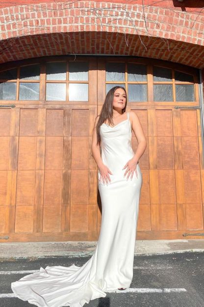 White Floor-length Spaghetti Straps Open Back Satin Mermaid Wedding Dress