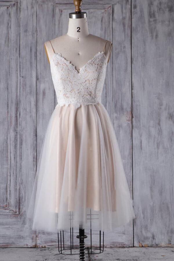 Short Sweetheart Lace Champange Wedding Dresses