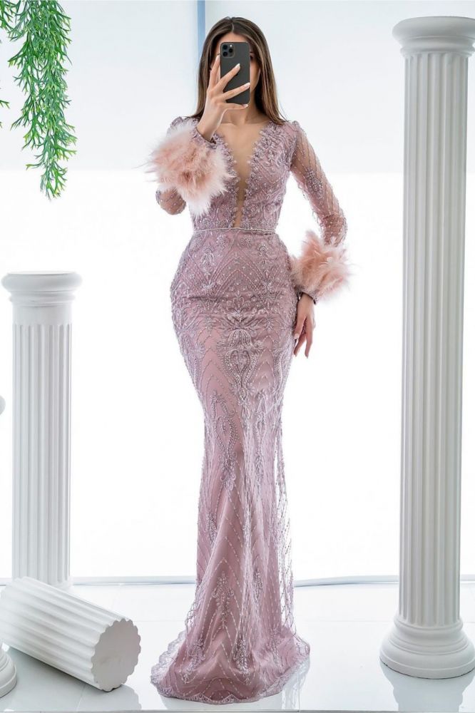 Mermaid Pink Sequin Prom ;ong sleeves V-neck Dresses