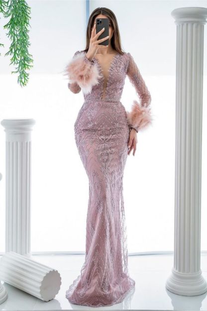 Mermaid Pink Sequin Prom ;ong sleeves V-neck Dresses