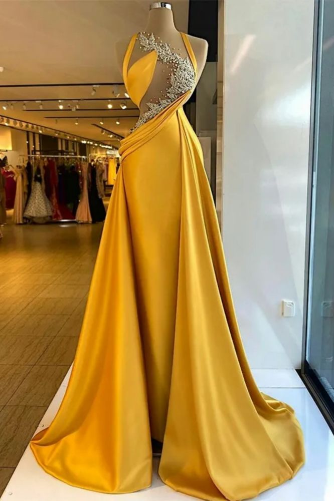 Fashionable Sleeveless Satin Mermaid Prom Dresses with Train