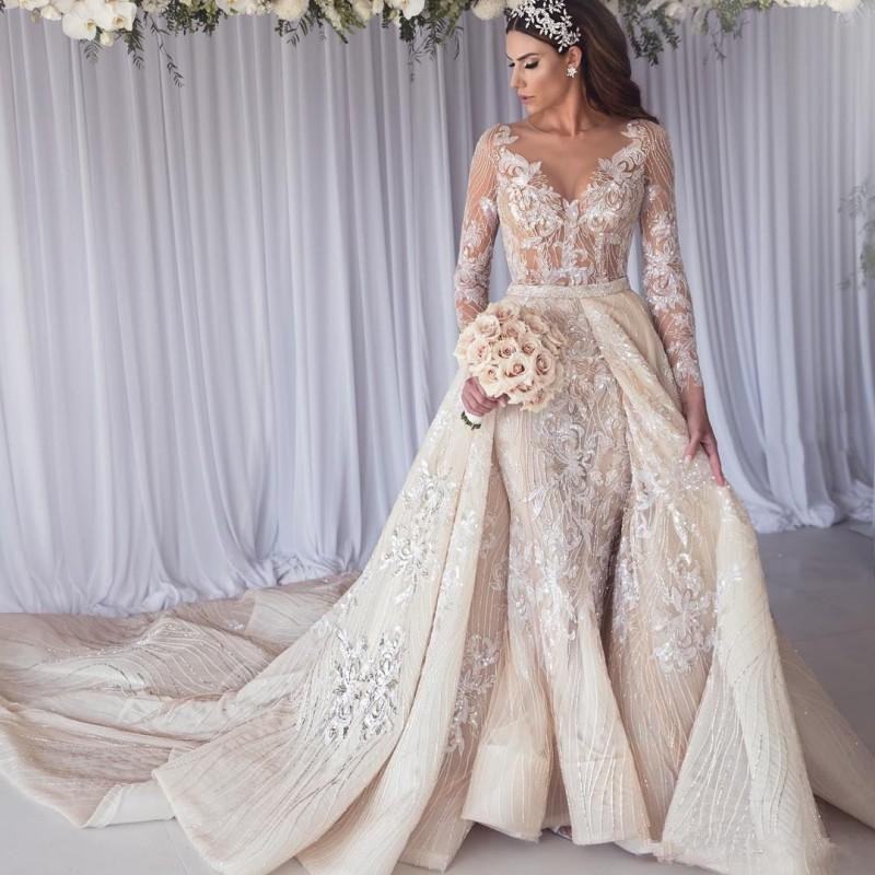 Sexy Long Sleeve Lace Mermaid Overskirt Wedding Dress Bridal Gowns BC1390