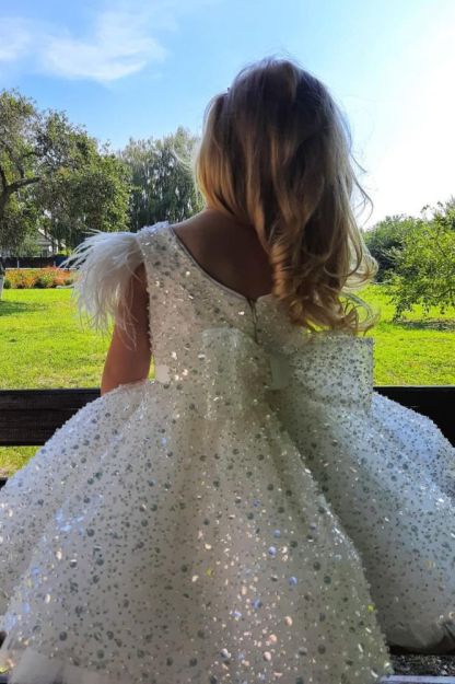 Glitter sequins Feather Short Flower Girl Dress with Bow