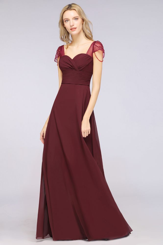 Chiffon A-Line Sweetheart Cap-Sleeves Ruffle Long Bridesmaid Dress with Beadings